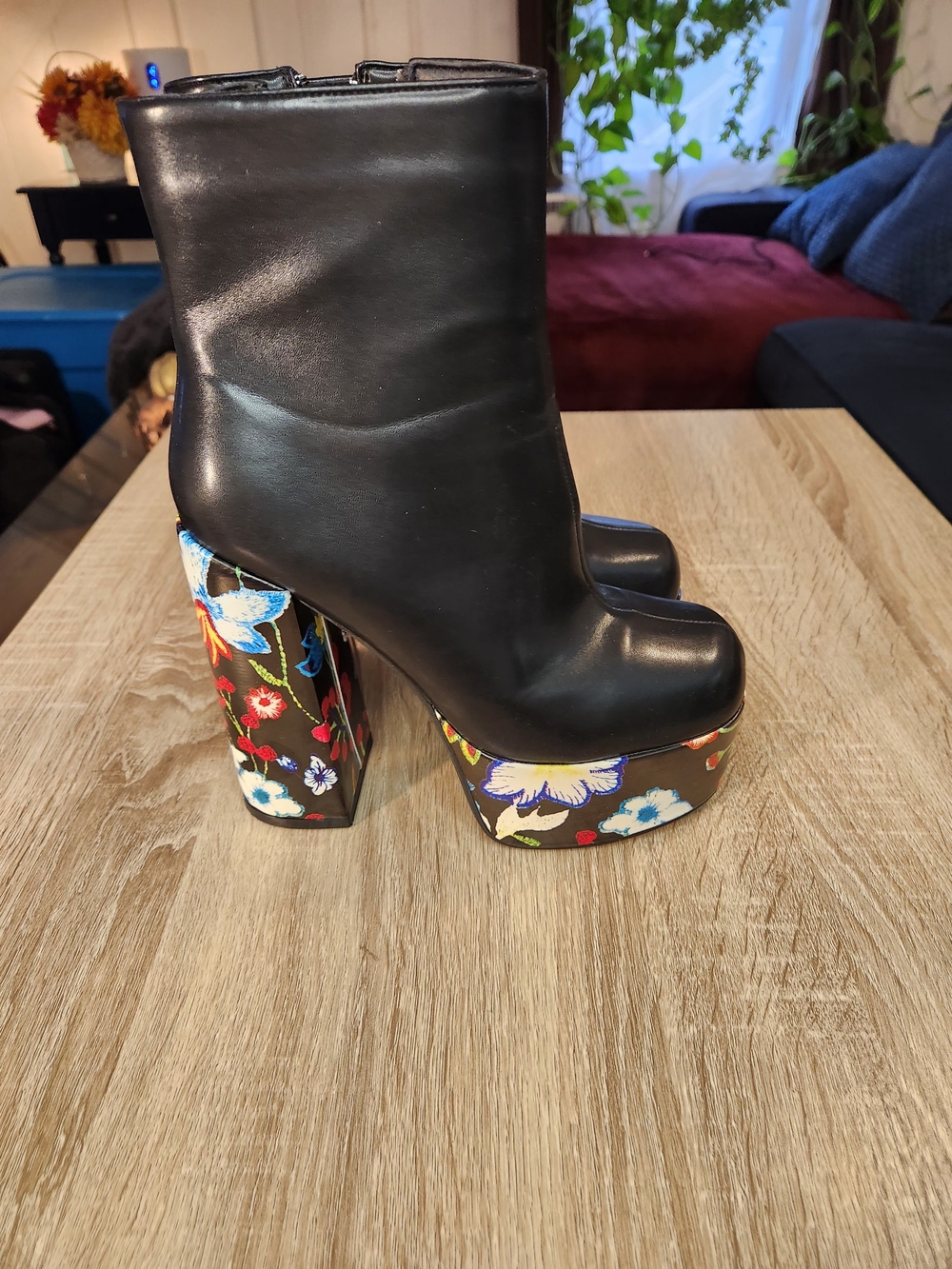 Black Floral Platform Ankle Boots with Heel